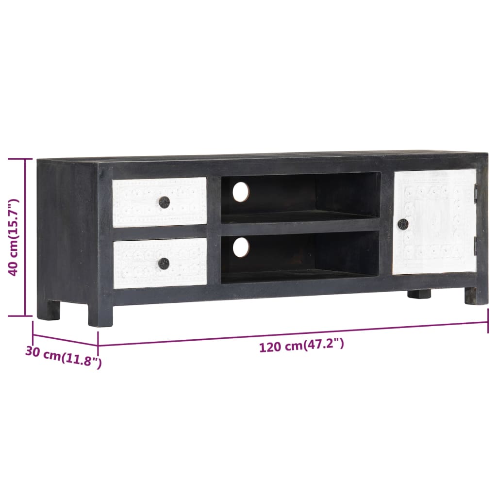 Tv Spintelė, Pilka/Balta, 120X30X40Cm, Mango Masyvas, Raižyta