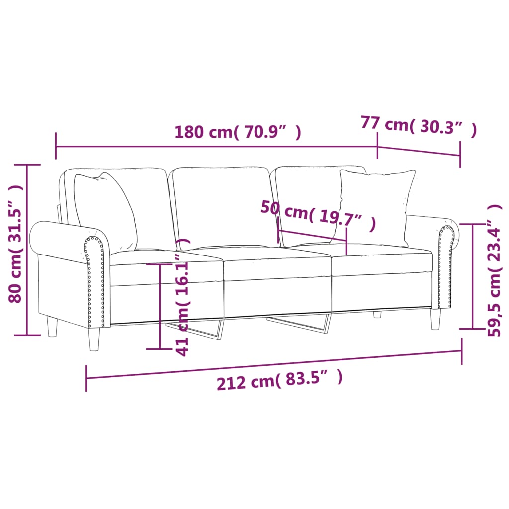 Trivietė Sofa Su Pagalvėlėmis, S Spalvos, 180Cm, Aksomas