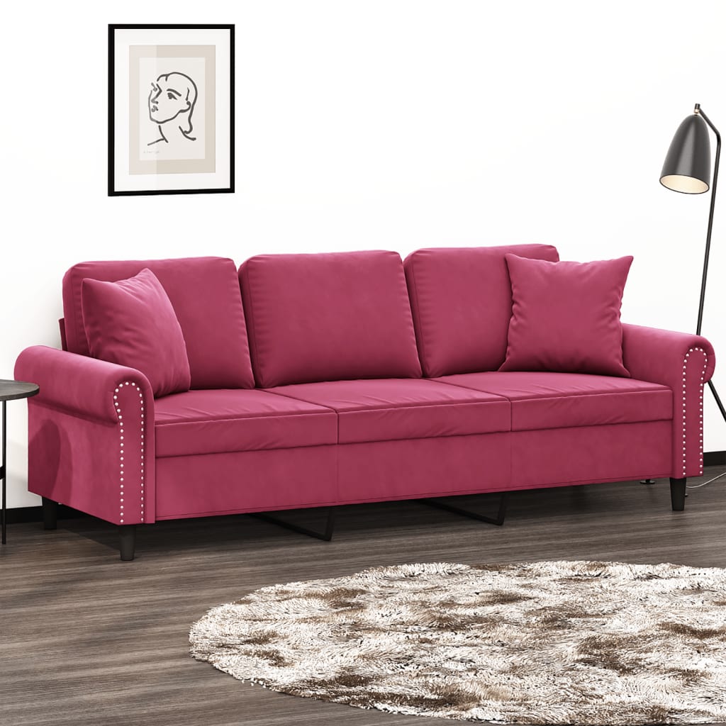 Trivietė Sofa Su Pagalvėlėmis, Raudonojo Vyno, 180Cm, Aksomas