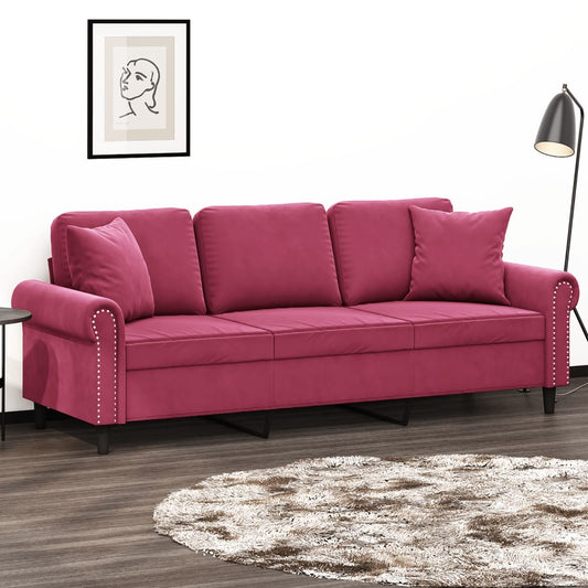 Trivietė Sofa Su Pagalvėlėmis, Raudonojo Vyno, 180Cm, Aksomas