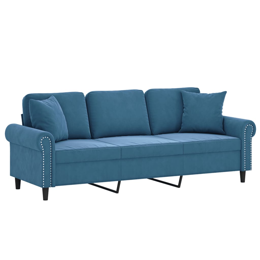 Trivietė Sofa Su Pagalvėlėmis, Mėlynos Spalvos, 180Cm, Aksomas