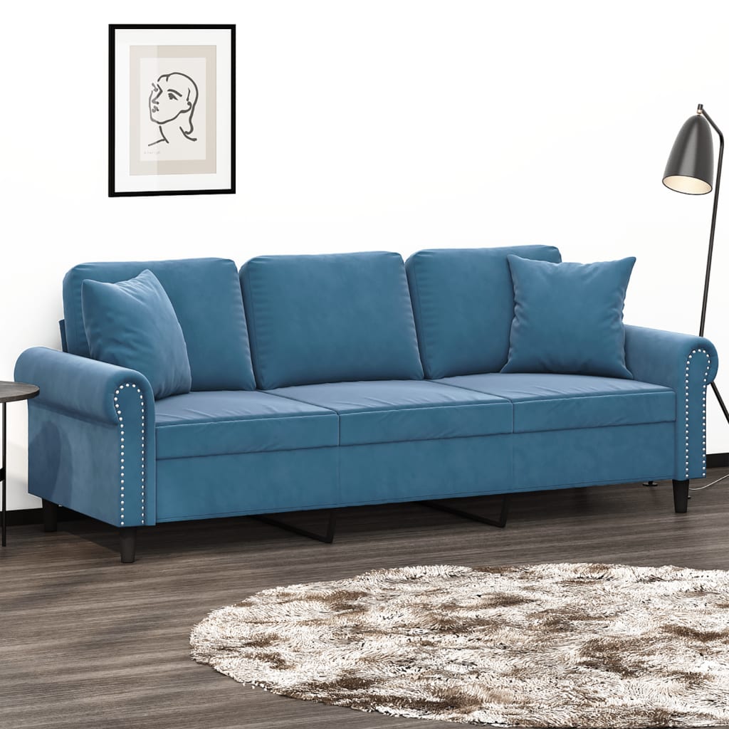 Trivietė Sofa Su Pagalvėlėmis, Mėlynos Spalvos, 180Cm, Aksomas
