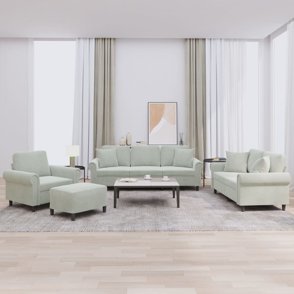 Sofos Komplektas Su Pagalvėmis, 4 Dalių, Pilkas, Aksomas