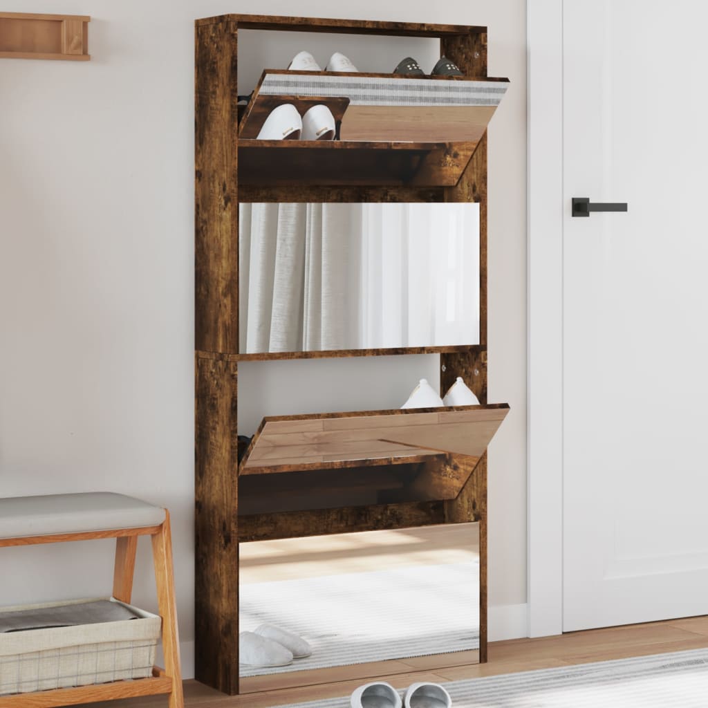 Batų Spintelė Su Veidrodžiu, 4 Aukštų, Pilka, 63X17X134Cm