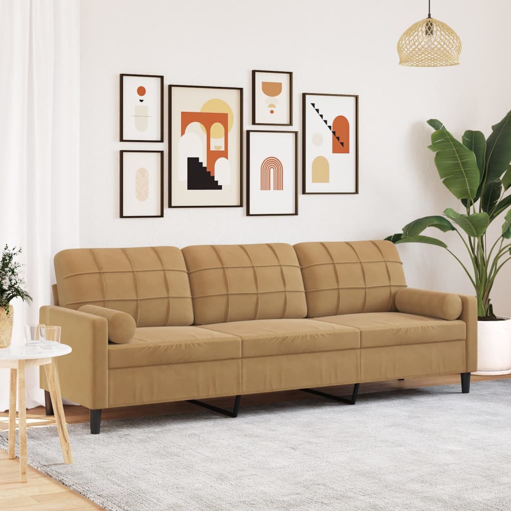 Trivietė Sofa Su Pagalvėlėmis, Rudos Spalvos, 210Cm, Aksomas