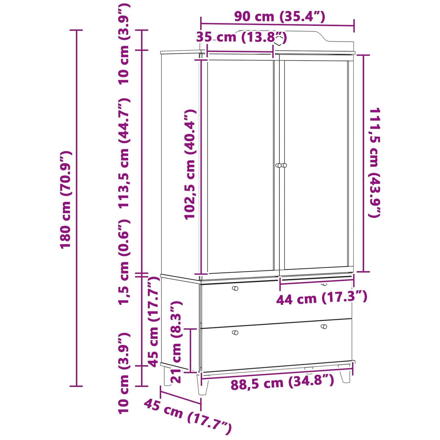 Juodai Rašomas Spinta Su Stalčių Roros 90 X 45 X 180 Cm