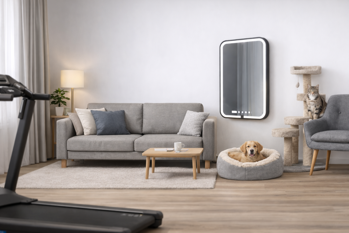 Modernus namų interjeras su sofa, LED veidrodžiu, katės draskykle ir augintinių guoliu – prekės namams ir gyvūnams iš dejau.lt